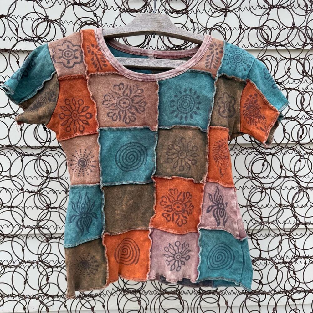 Y2k Boho Hippie Nepal Block Print Rib Patch-Work … - image 1